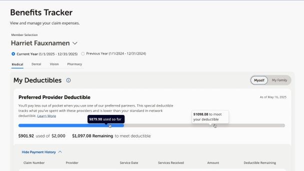 Screenshot of benefits tracker, including status towards deductibles.